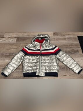 Like New Women's Tommy Hilfiger Tri Colored Metallic Hooded Puffer Coat Size XL